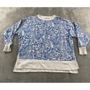 Crown & Ivy Womens Blue Floral Pullover Sweatshirt Fleece Lined Size M White